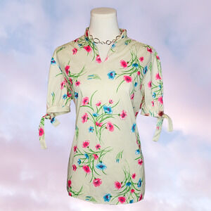 Vtg 60s Mod Colorful Floral Flower Collared Pink Blue Tie Short Sleeve Top